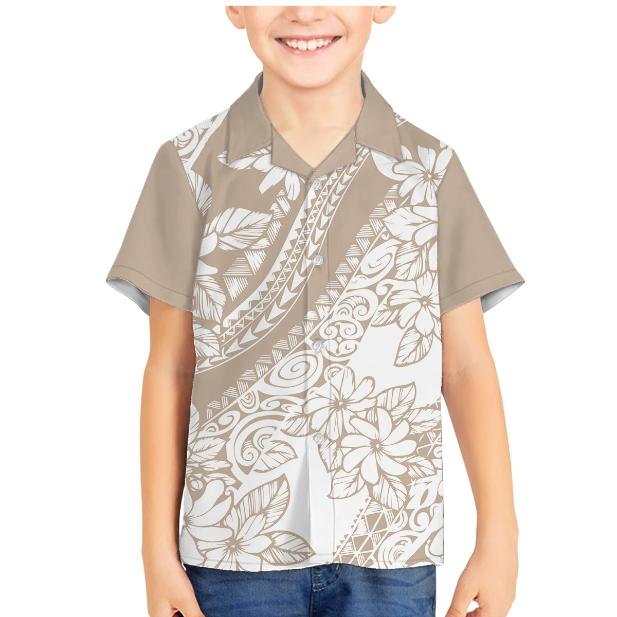 Polynesia Family Matching Mermaid Dress and Hawaiian Shirt Polynesian Tropical Flowers Beige Pastel Vibes LT14 - Polynesian Pride