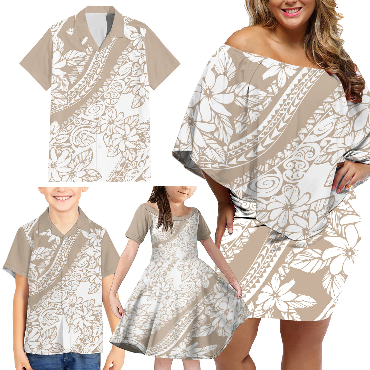 Polynesia Family Matching Off Shoulder Short Dress and Hawaiian Shirt Polynesian Tropical Flowers Beige Pastel Vibes LT14 Beige - Polynesian Pride