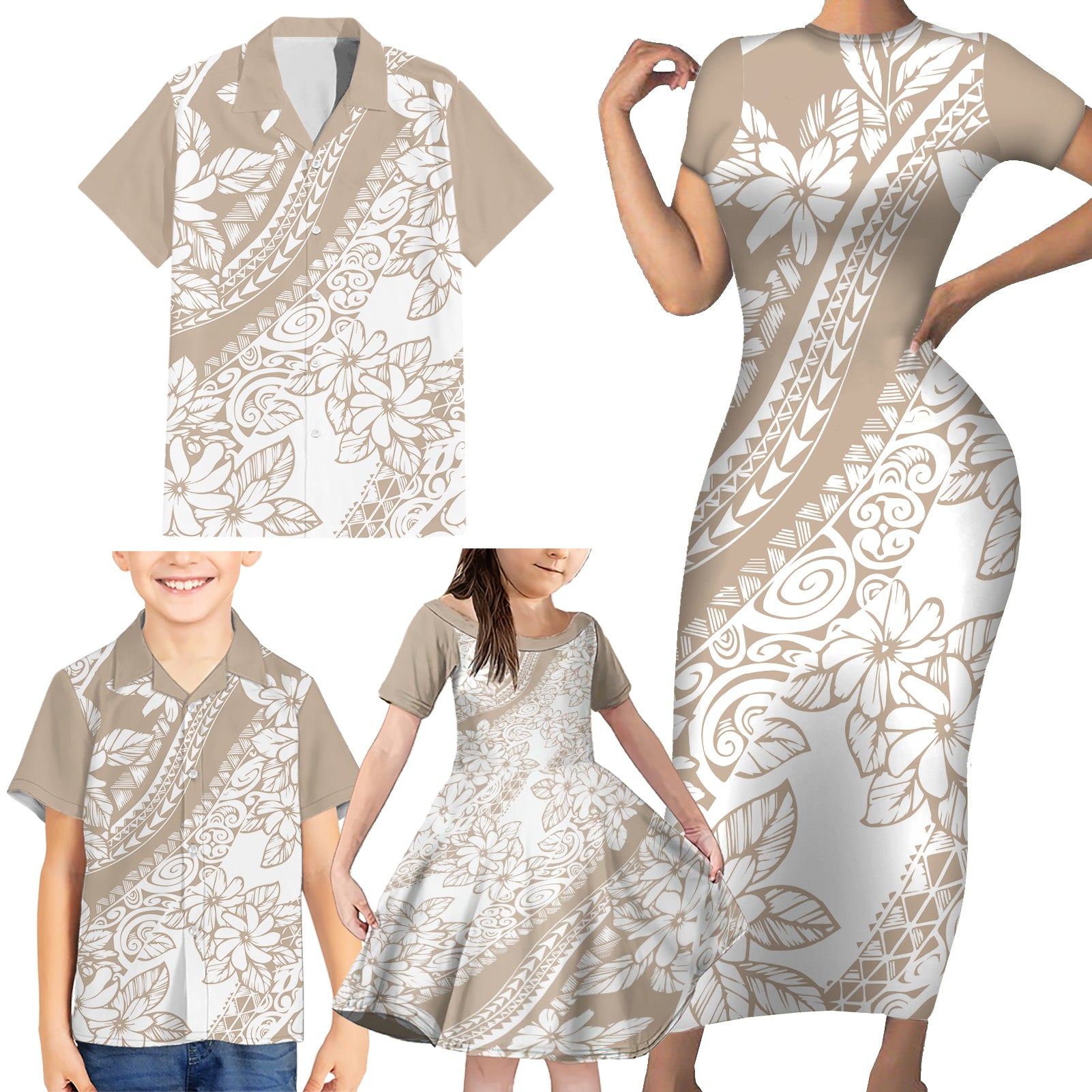 Polynesia Family Matching Short Sleeve Bodycon Dress and Hawaiian Shirt Polynesian Tropical Flowers Beige Pastel Vibes LT14 Beige - Polynesian Pride