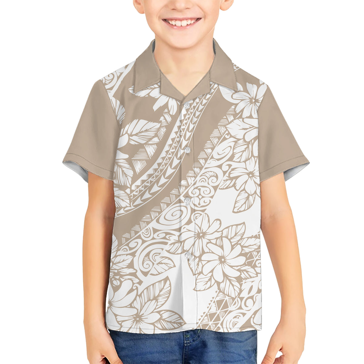 Polynesia Family Matching Short Sleeve Bodycon Dress and Hawaiian Shirt Polynesian Tropical Flowers Beige Pastel Vibes LT14 - Polynesian Pride