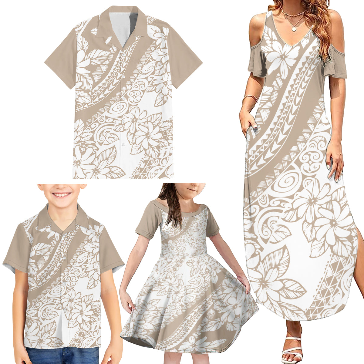 Polynesia Family Matching Summer Maxi Dress and Hawaiian Shirt Polynesian Tropical Flowers Beige Pastel Vibes LT14 Beige - Polynesian Pride