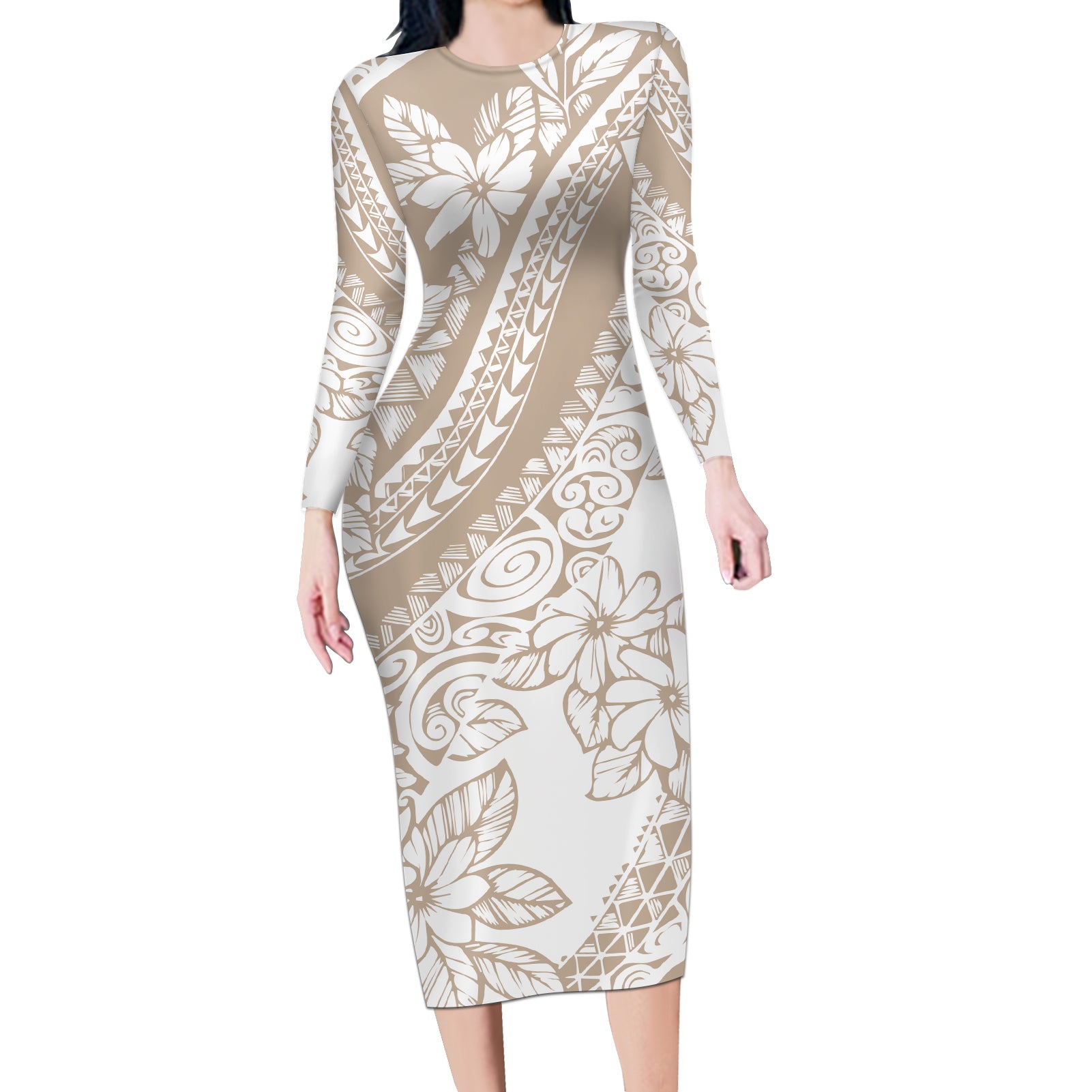 Polynesia Long Sleeve Bodycon Dress Polynesian Tropical Flowers Beige Pastel Vibes LT14 Long Dress Beige - Polynesian Pride