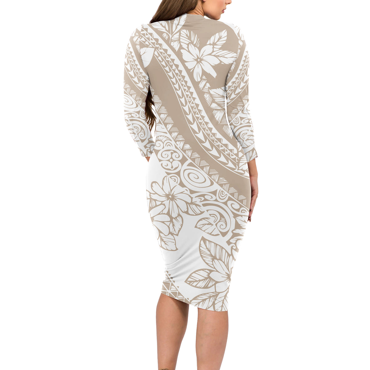 Polynesia Long Sleeve Bodycon Dress Polynesian Tropical Flowers Beige Pastel Vibes LT14 - Polynesian Pride