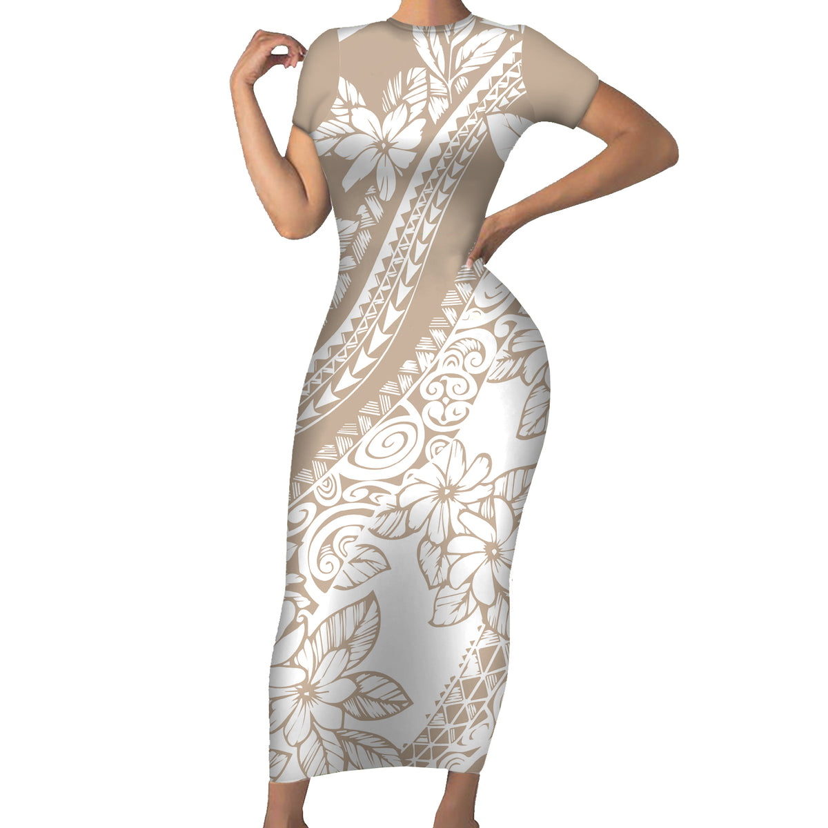 Polynesia Short Sleeve Bodycon Dress Polynesian Tropical Flowers Beige Pastel Vibes LT14 Long Dress Beige - Polynesian Pride