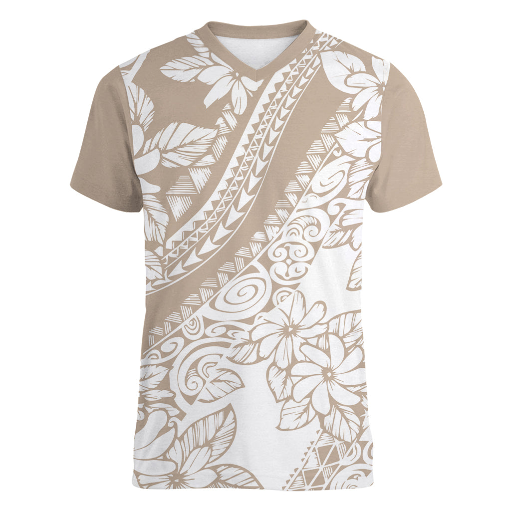 Polynesia Women V Neck T Shirt Polynesian Tropical Flowers Beige Pastel Vibes LT14 Female Beige - Polynesian Pride