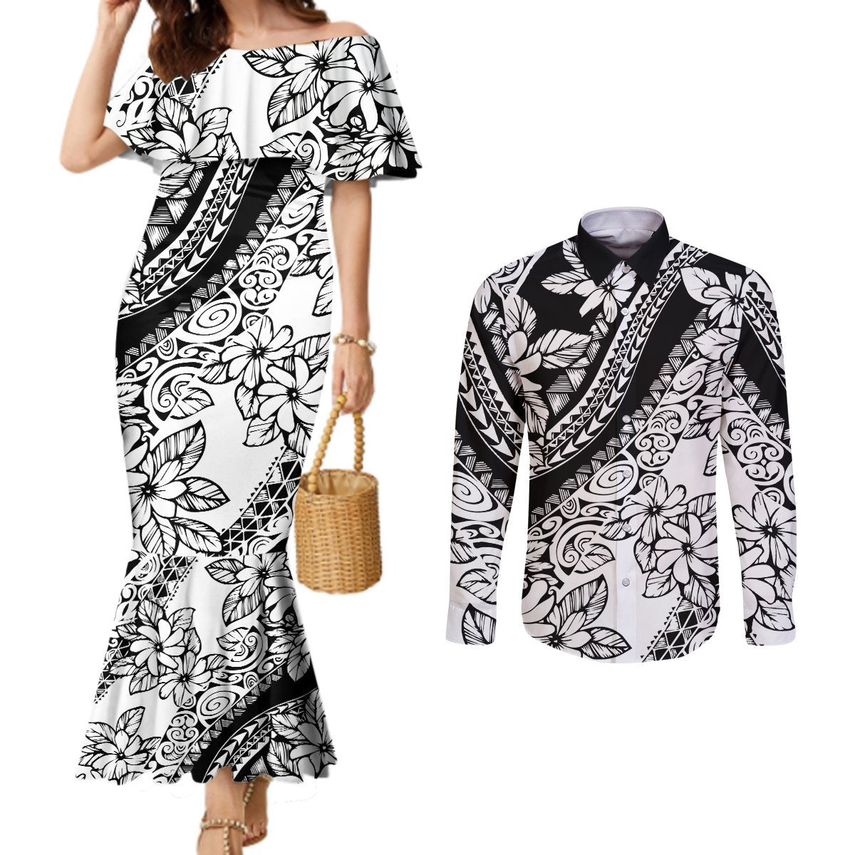 Polynesia Couples Matching Mermaid Dress and Long Sleeve Button Shirts Polynesian Tropical Flowers Black Pastel Vibes LT14 Black - Polynesian Pride