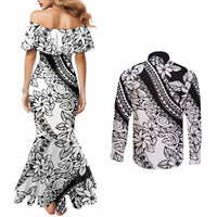 Polynesia Couples Matching Mermaid Dress and Long Sleeve Button Shirts Polynesian Tropical Flowers Black Pastel Vibes LT14 - Polynesian Pride