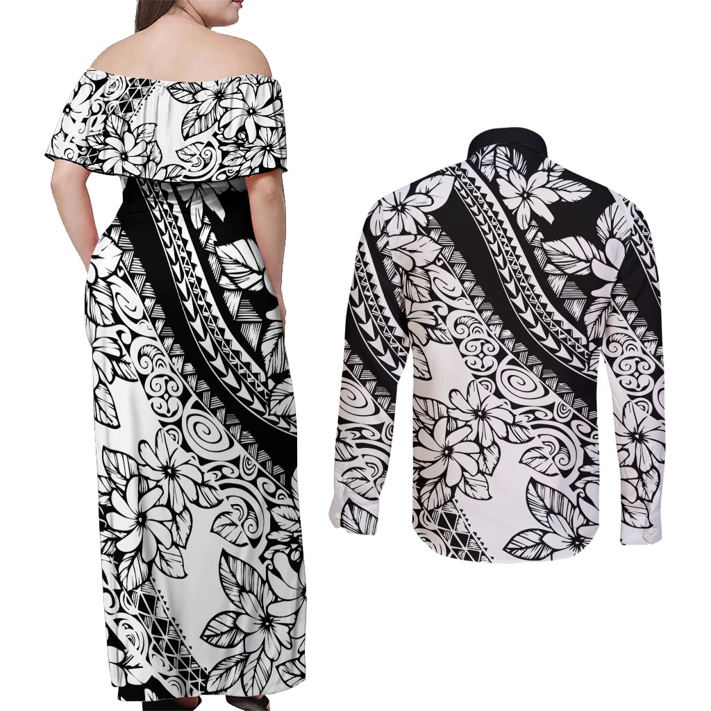 Polynesia Couples Matching Off Shoulder Maxi Dress and Long Sleeve Button Shirts Polynesian Tropical Flowers Black Pastel Vibes LT14 - Polynesian Pride