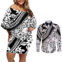 Polynesia Couples Matching Off Shoulder Short Dress and Long Sleeve Button Shirts Polynesian Tropical Flowers Black Pastel Vibes LT14 Black - Polynesian Pride