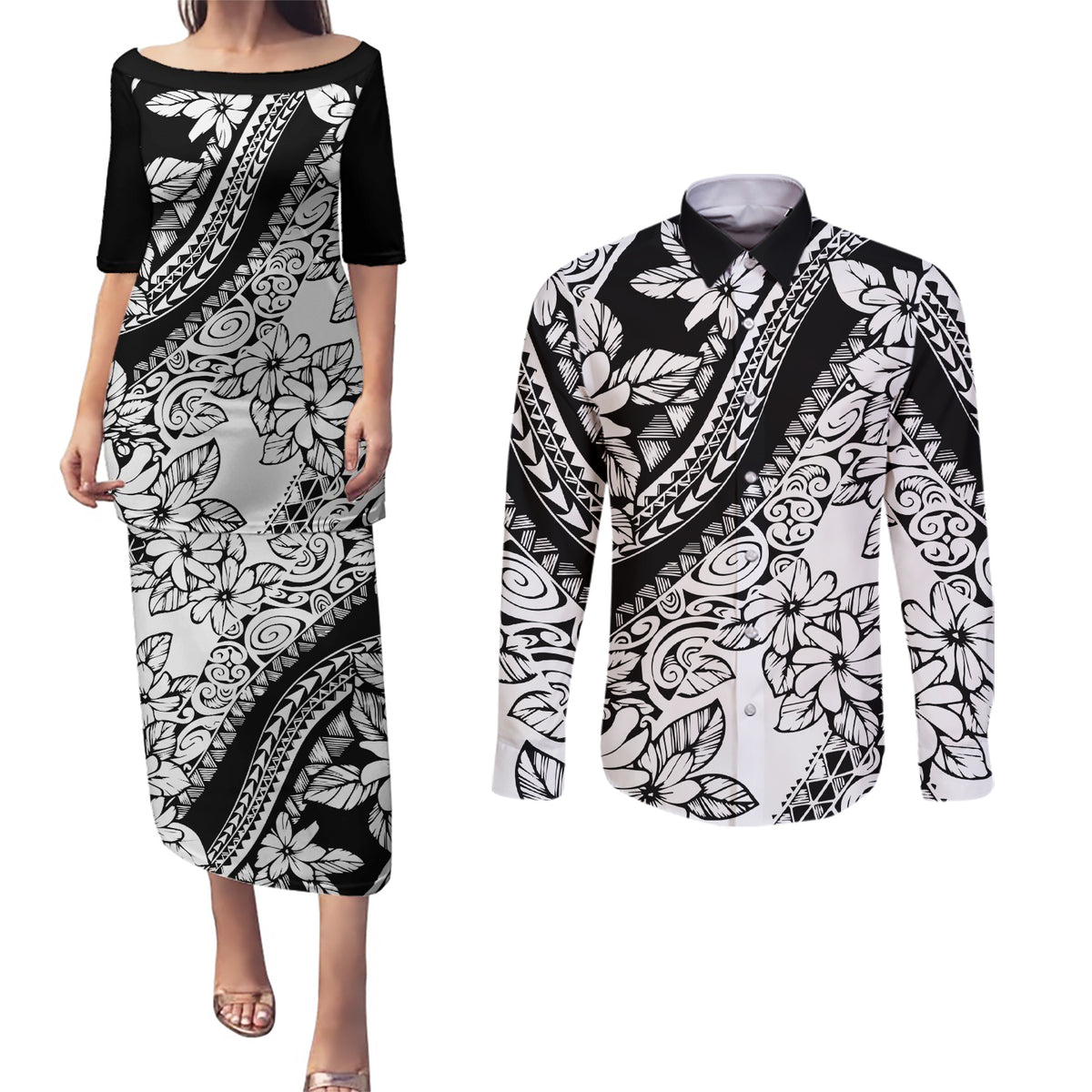 Polynesia Couples Matching Puletasi Dress and Long Sleeve Button Shirts Polynesian Tropical Flowers Black Pastel Vibes LT14 Black - Polynesian Pride