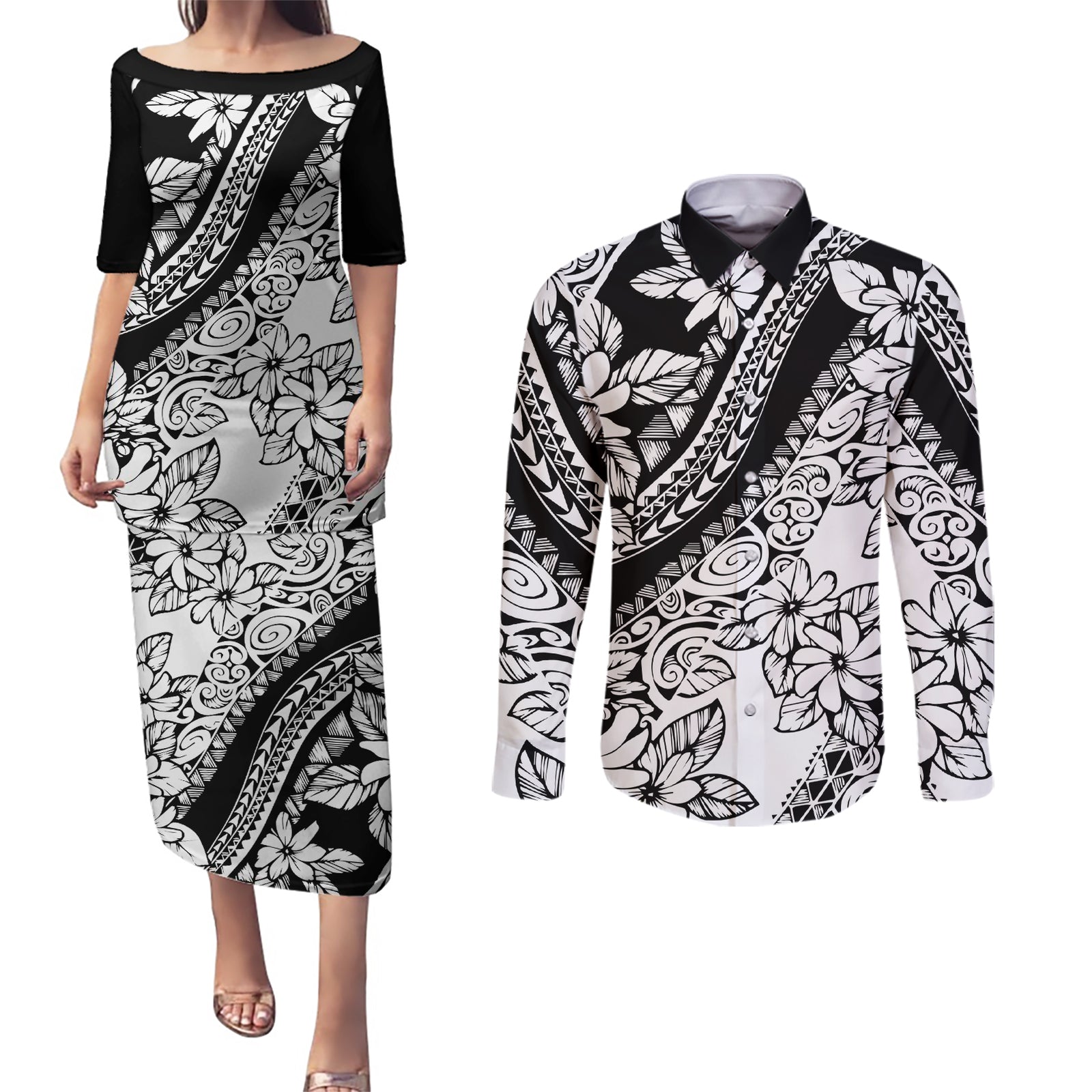 Polynesia Couples Matching Puletasi Dress and Long Sleeve Button Shirts Polynesian Tropical Flowers Black Pastel Vibes LT14 Black - Polynesian Pride