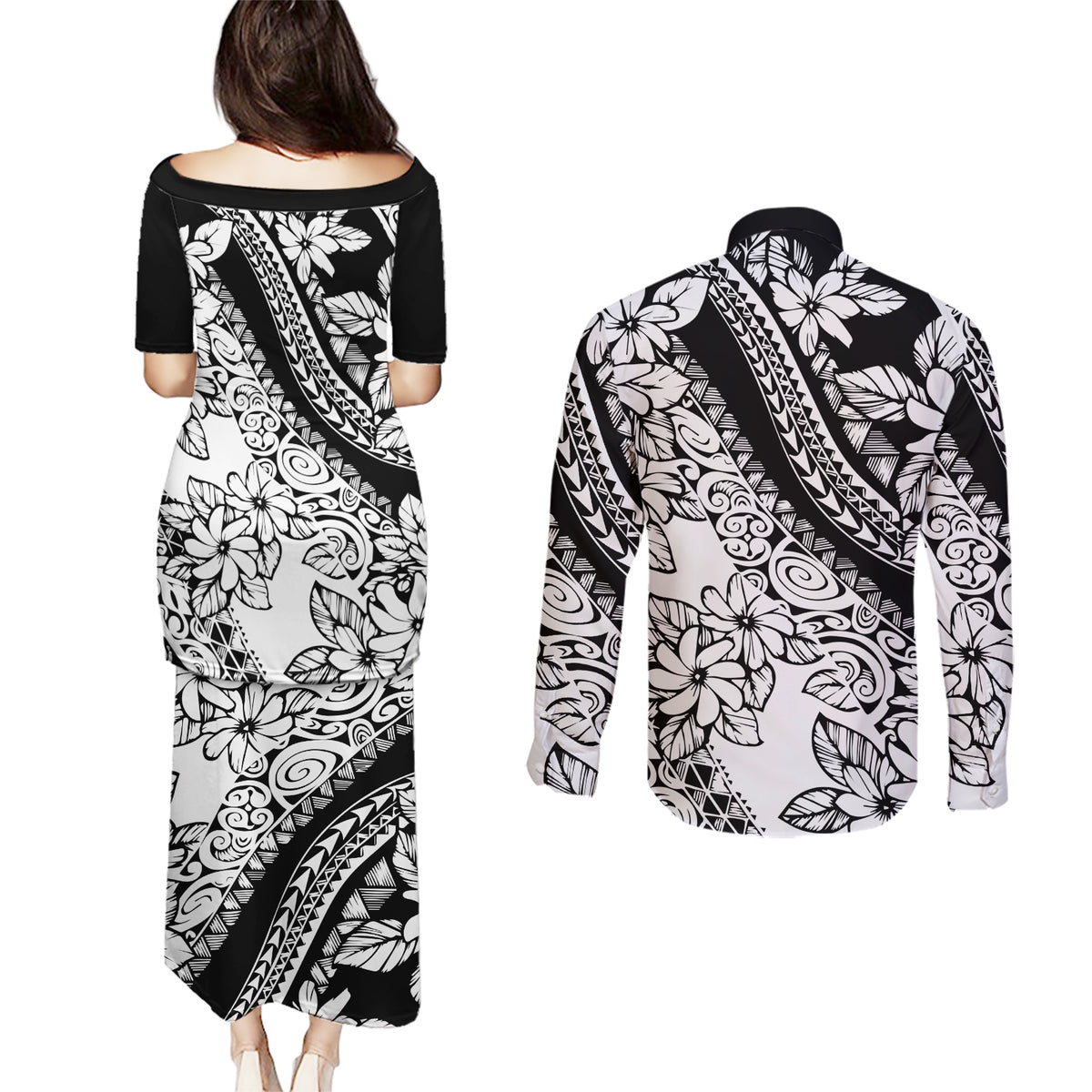 Polynesia Couples Matching Puletasi Dress and Long Sleeve Button Shirts Polynesian Tropical Flowers Black Pastel Vibes LT14 - Polynesian Pride