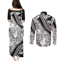Polynesia Couples Matching Puletasi Dress and Long Sleeve Button Shirts Polynesian Tropical Flowers Black Pastel Vibes LT14 - Polynesian Pride