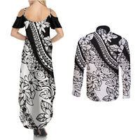 Polynesia Couples Matching Summer Maxi Dress and Long Sleeve Button Shirts Polynesian Tropical Flowers Black Pastel Vibes LT14 - Polynesian Pride