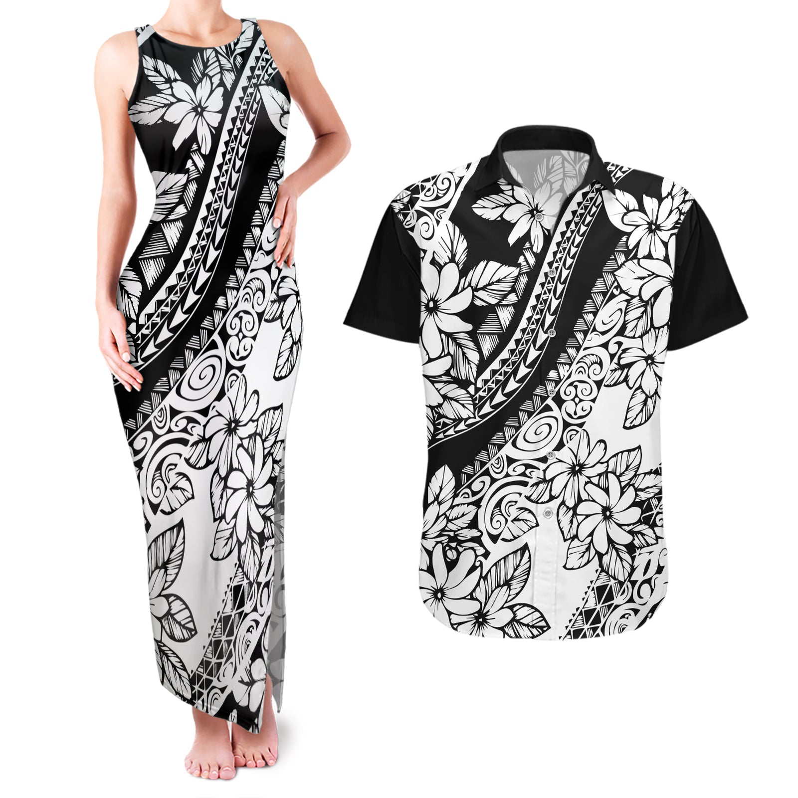 Polynesia Couples Matching Tank Maxi Dress and Hawaiian Shirt Polynesian Tropical Flowers Black Pastel Vibes LT14 Black - Polynesian Pride