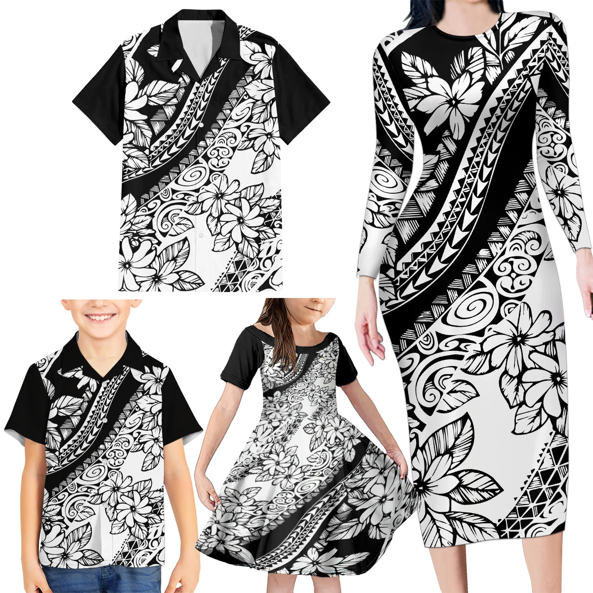 polynesia-family-matching-long-sleeve-bodycon-dress-and-hawaiian-shirt-polynesian-tropical-flowers-black-pastel-vibes