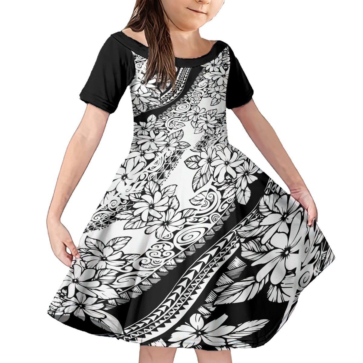Polynesia Family Matching Off Shoulder Maxi Dress and Hawaiian Shirt Polynesian Tropical Flowers Black Pastel Vibes LT14 Daughter's Dress Black - Polynesian Pride
