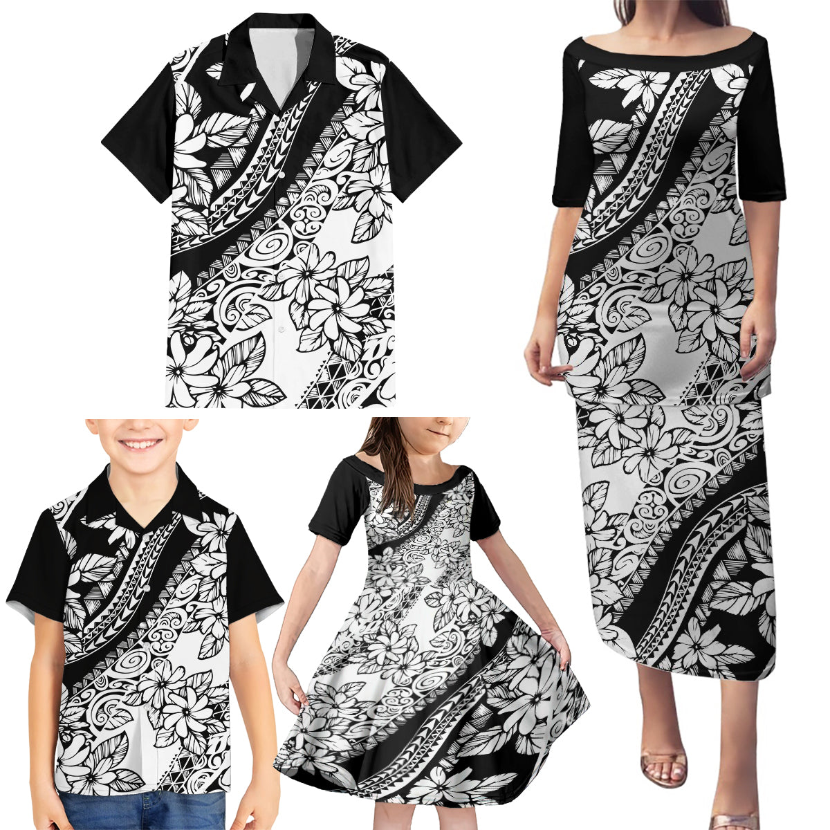 Polynesia Family Matching Puletasi Dress and Hawaiian Shirt Polynesian Tropical Flowers Black Pastel Vibes LT14 - Polynesian Pride