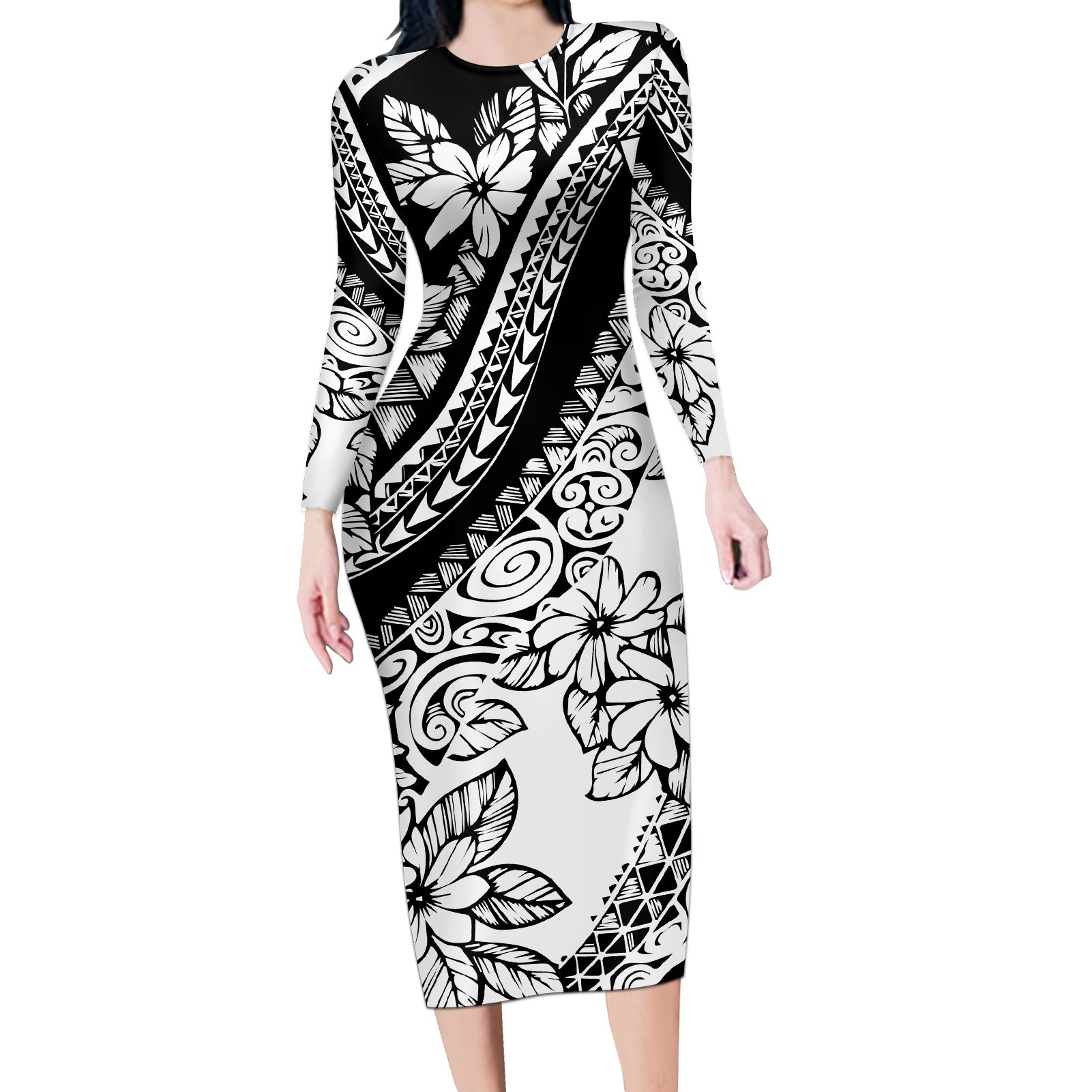 polynesia-long-sleeve-bodycon-dress-polynesian-tropical-flowers-black-pastel-vibes