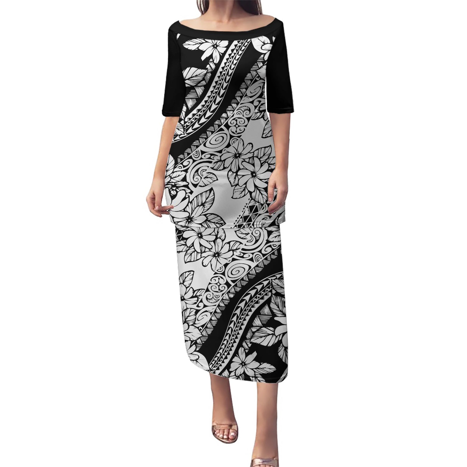 Polynesia Puletasi Polynesian Tropical Flowers Black Pastel Vibes LT14 Long Dress Black - Polynesian Pride