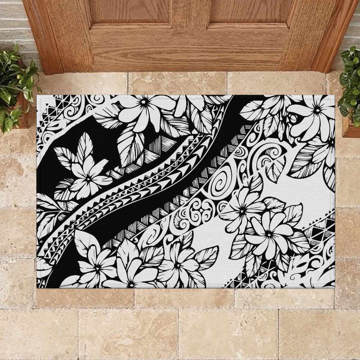 Polynesia Rubber Doormat Polynesian Tropical Flowers Black Pastel Vibes LT14 - Polynesian Pride