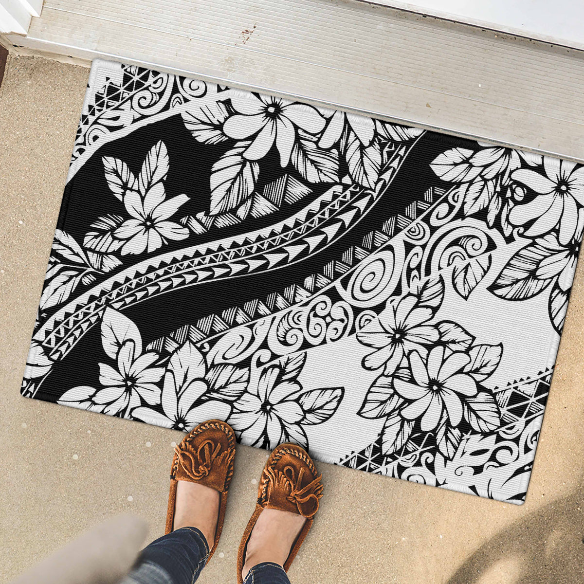 Polynesia Rubber Doormat Polynesian Tropical Flowers Black Pastel Vibes LT14 - Polynesian Pride