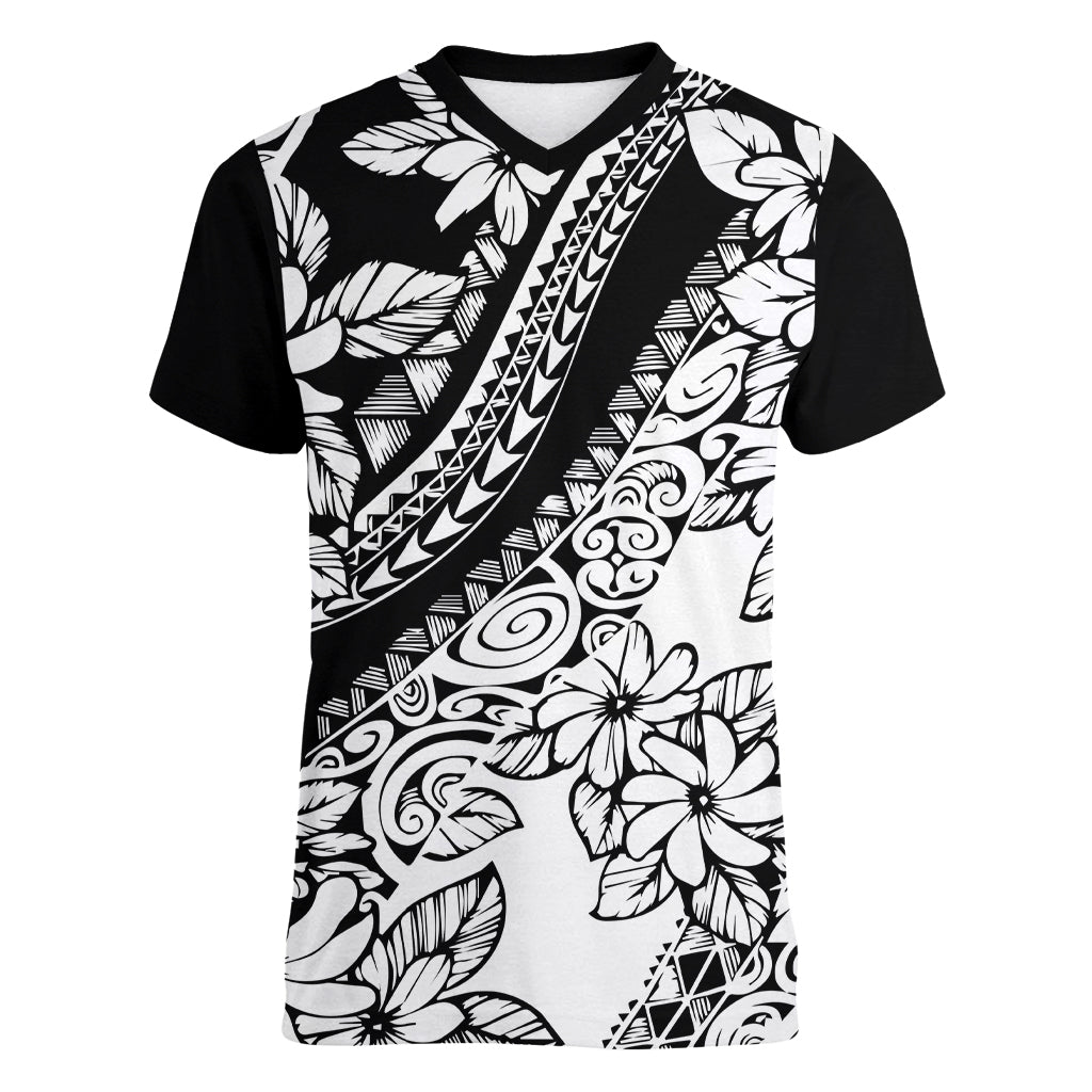 polynesia-women-v-neck-t-shirt-polynesian-tropical-flowers-black-pastel-vibes