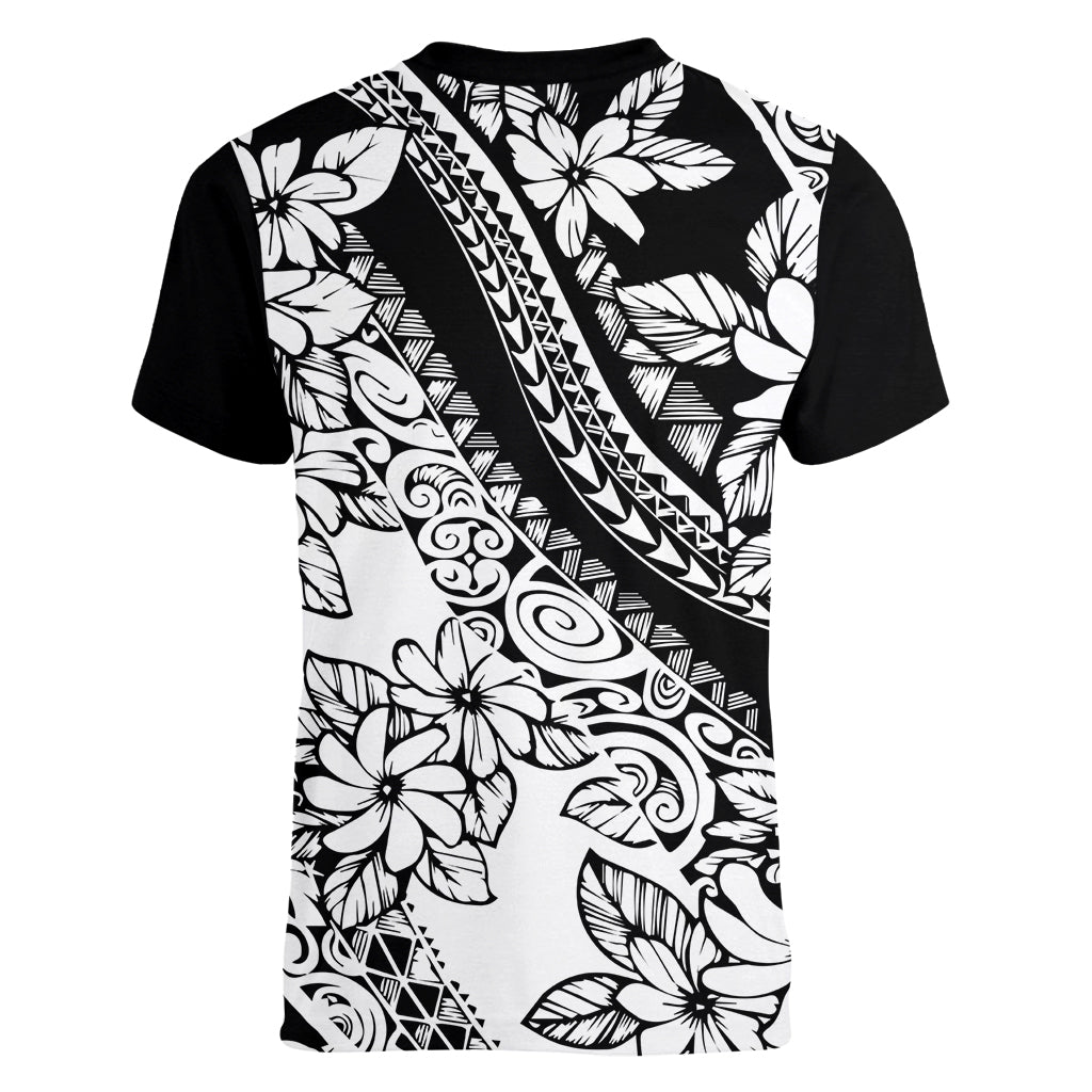 polynesia-women-v-neck-t-shirt-polynesian-tropical-flowers-black-pastel-vibes