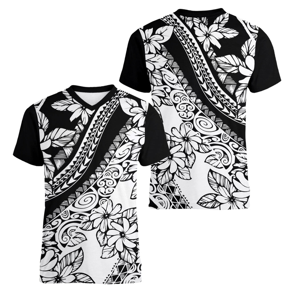 polynesia-women-v-neck-t-shirt-polynesian-tropical-flowers-black-pastel-vibes