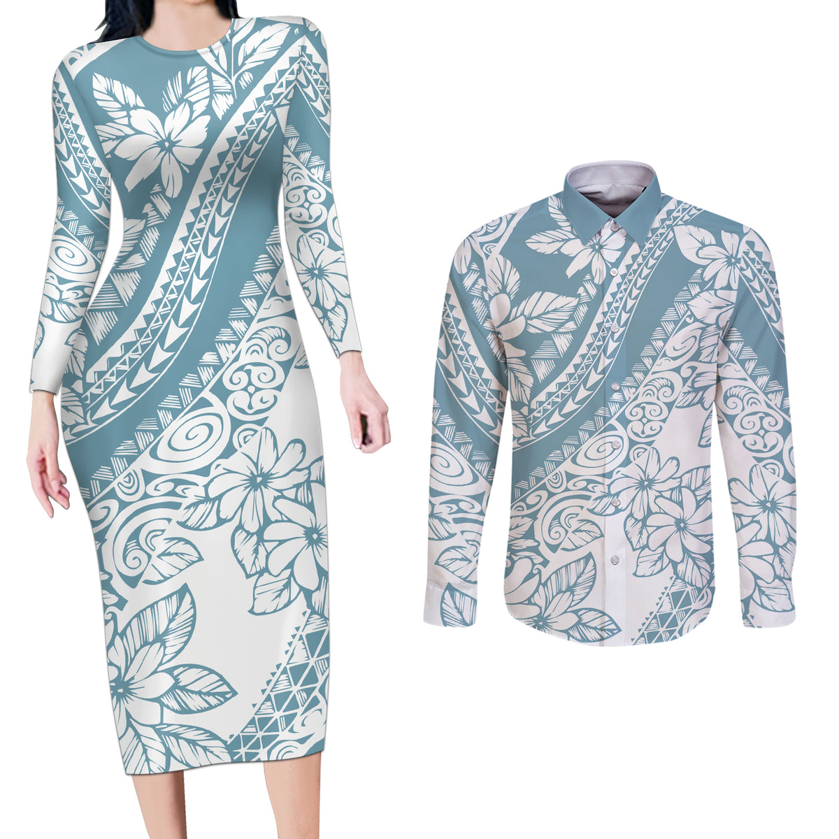 Polynesia Couples Matching Long Sleeve Bodycon Dress and Long Sleeve Button Shirts Polynesian Tropical Flowers Blue Pastel Vibes LT14 Blue - Polynesian Pride
