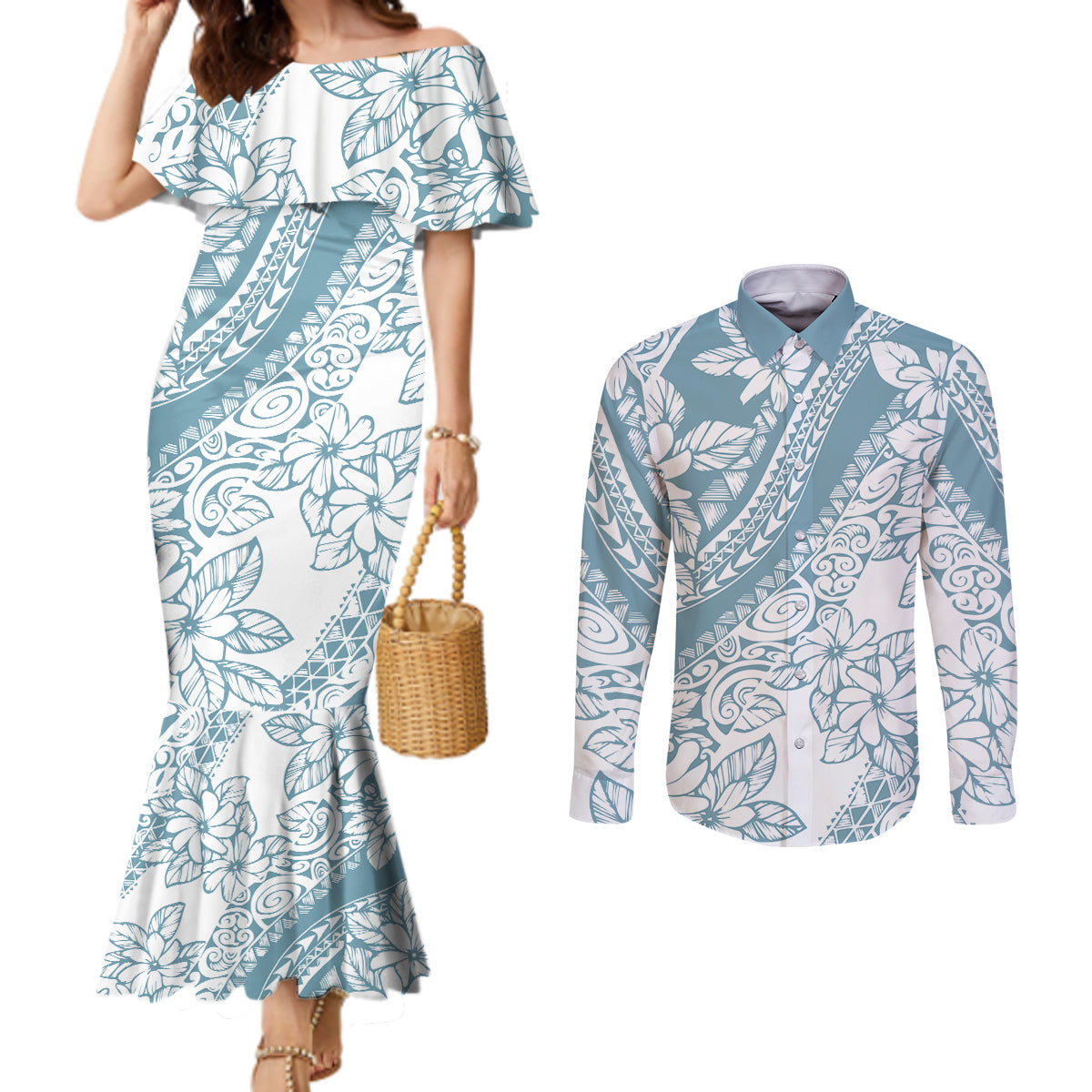 polynesia-couples-matching-mermaid-dress-and-long-sleeve-button-shirts-polynesian-tropical-flowers-blue-pastel-vibes