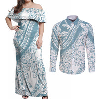Polynesia Couples Matching Off Shoulder Maxi Dress and Long Sleeve Button Shirts Polynesian Tropical Flowers Blue Pastel Vibes LT14 Blue - Polynesian Pride