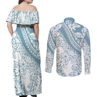 Polynesia Couples Matching Off Shoulder Maxi Dress and Long Sleeve Button Shirts Polynesian Tropical Flowers Blue Pastel Vibes LT14 - Polynesian Pride
