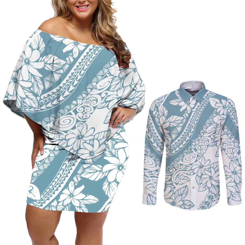 Polynesia Couples Matching Off Shoulder Short Dress and Long Sleeve Button Shirts Polynesian Tropical Flowers Blue Pastel Vibes LT14 Blue - Polynesian Pride