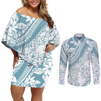 Polynesia Couples Matching Off Shoulder Short Dress and Long Sleeve Button Shirts Polynesian Tropical Flowers Blue Pastel Vibes LT14 Blue - Polynesian Pride