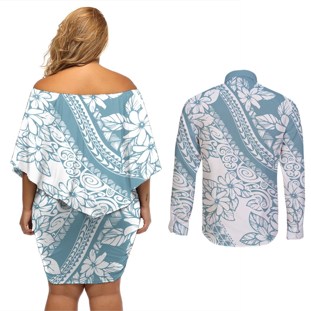 Polynesia Couples Matching Off Shoulder Short Dress and Long Sleeve Button Shirts Polynesian Tropical Flowers Blue Pastel Vibes LT14 - Polynesian Pride