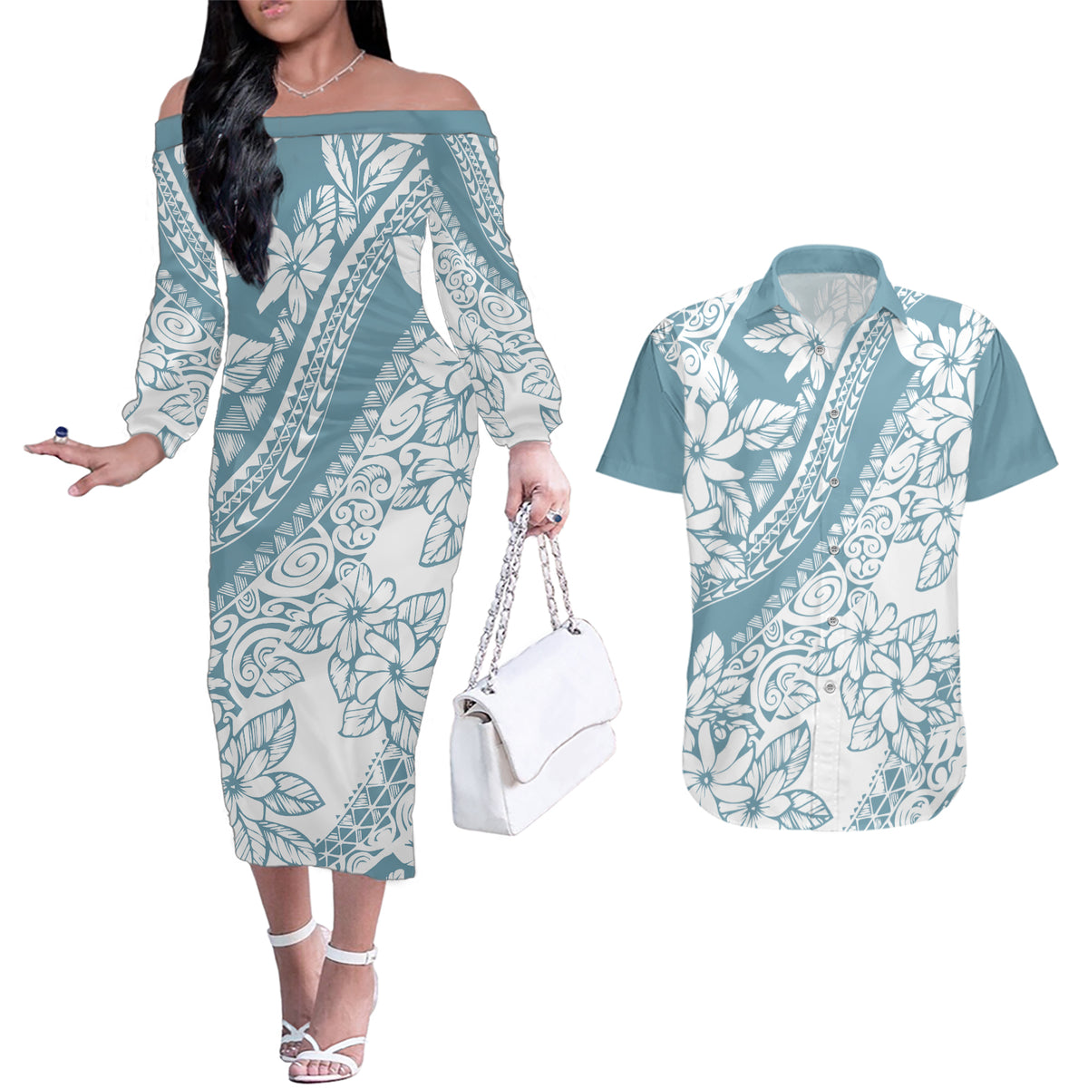 polynesia-couples-matching-off-the-shoulder-long-sleeve-dress-and-hawaiian-shirt-polynesian-tropical-flowers-blue-pastel-vibes
