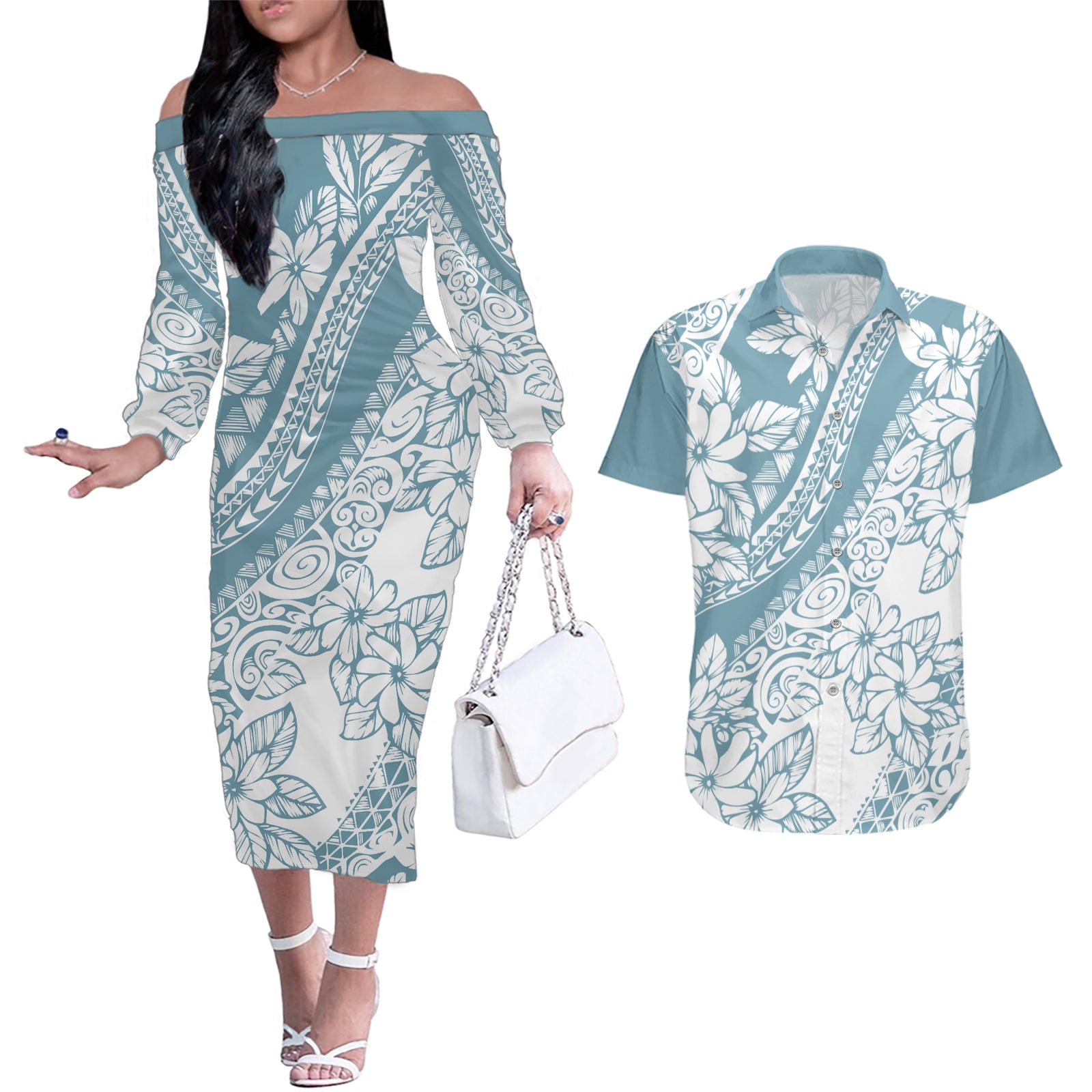 Polynesia Couples Matching Off The Shoulder Long Sleeve Dress and Hawaiian Shirt Polynesian Tropical Flowers Blue Pastel Vibes LT14 Blue - Polynesian Pride