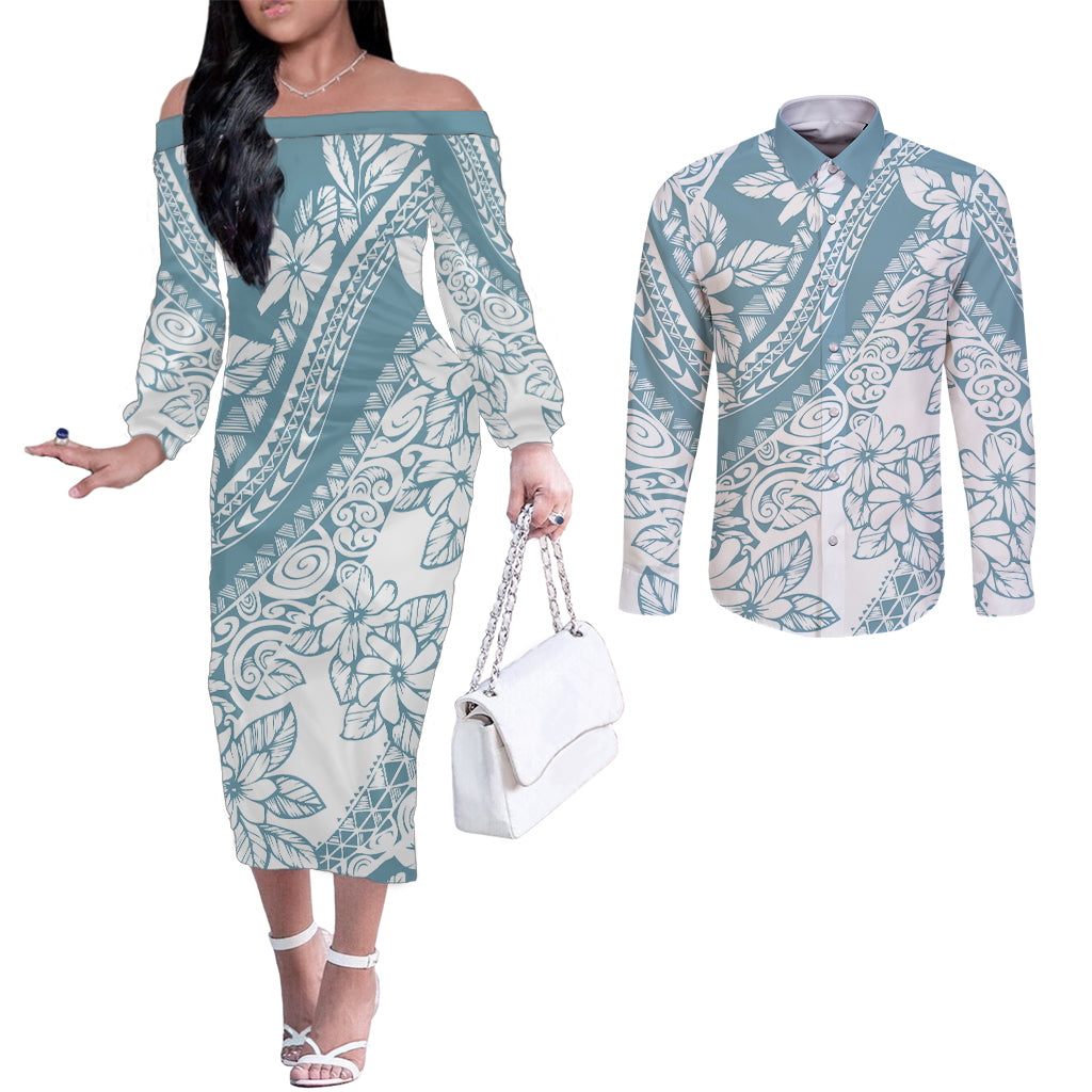 Polynesia Couples Matching Off The Shoulder Long Sleeve Dress and Long Sleeve Button Shirts Polynesian Tropical Flowers Blue Pastel Vibes LT14 Blue - Polynesian Pride