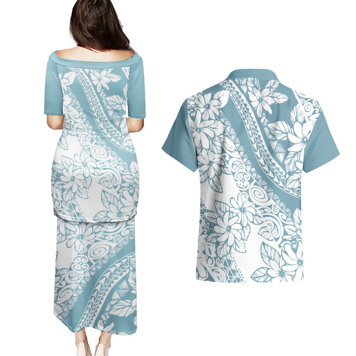 Polynesia Couples Matching Puletasi Dress and Hawaiian Shirt Polynesian Tropical Flowers Blue Pastel Vibes LT14 - Polynesian Pride