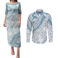Polynesia Couples Matching Puletasi Dress and Long Sleeve Button Shirts Polynesian Tropical Flowers Blue Pastel Vibes LT14 Blue - Polynesian Pride