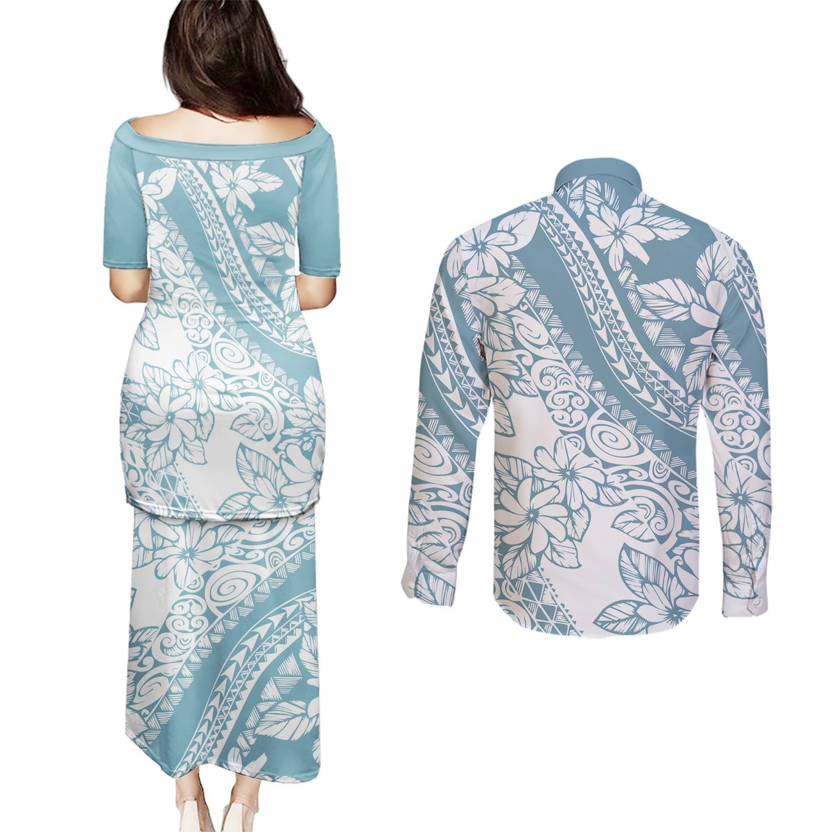 Polynesia Couples Matching Puletasi Dress and Long Sleeve Button Shirts Polynesian Tropical Flowers Blue Pastel Vibes LT14 - Polynesian Pride