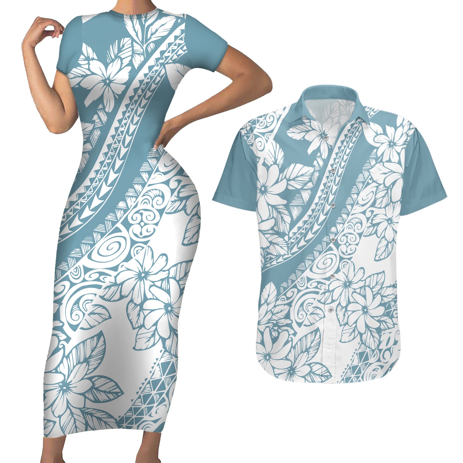 polynesia-couples-matching-short-sleeve-bodycon-dress-and-hawaiian-shirt-polynesian-tropical-flowers-blue-pastel-vibes