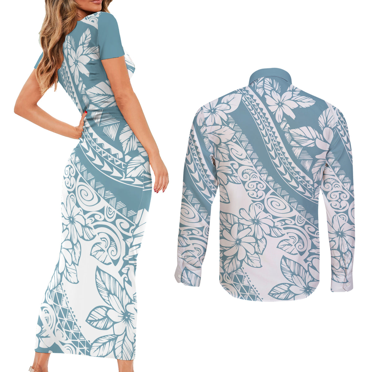 Polynesia Couples Matching Short Sleeve Bodycon Dress and Long Sleeve Button Shirts Polynesian Tropical Flowers Blue Pastel Vibes LT14 - Polynesian Pride
