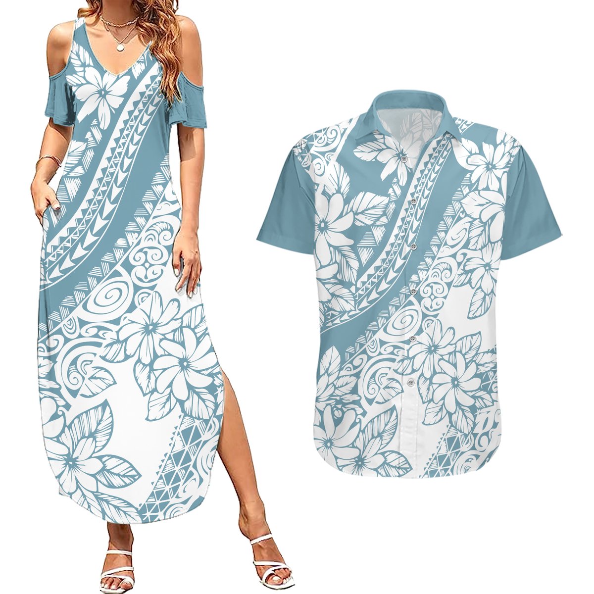 Polynesia Couples Matching Summer Maxi Dress and Hawaiian Shirt Polynesian Tropical Flowers Blue Pastel Vibes LT14 Blue - Polynesian Pride