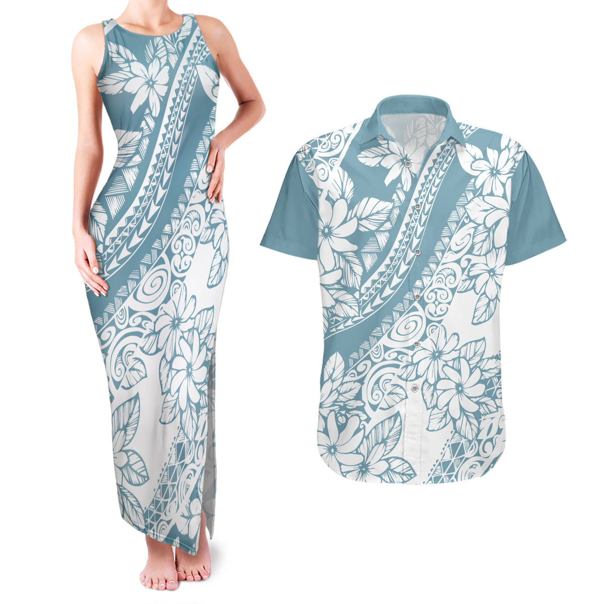 Polynesia Couples Matching Tank Maxi Dress and Hawaiian Shirt Polynesian Tropical Flowers Blue Pastel Vibes LT14 Blue - Polynesian Pride