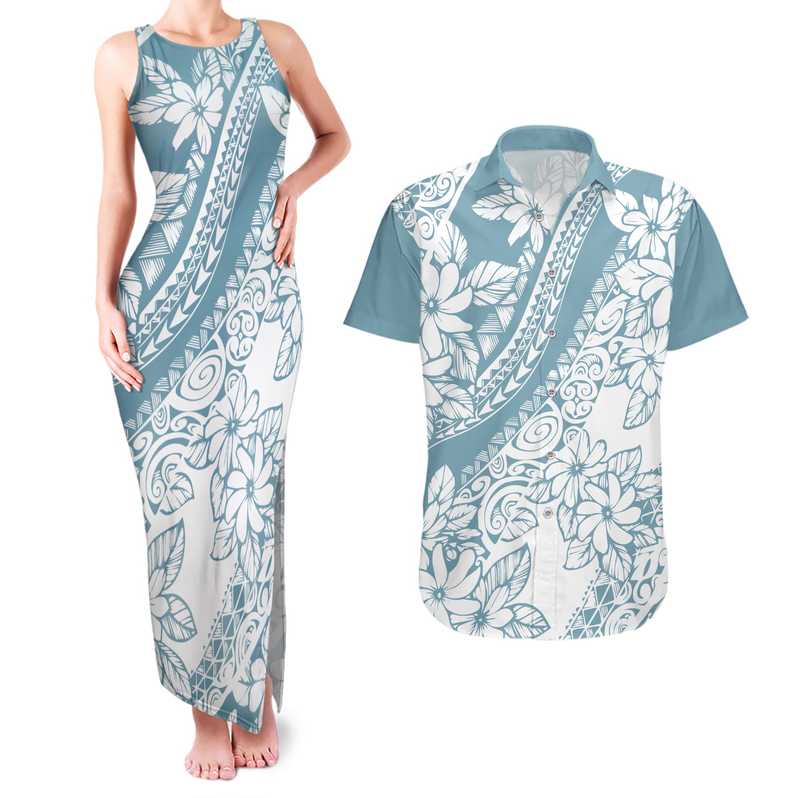 Polynesia Couples Matching Tank Maxi Dress and Hawaiian Shirt Polynesian Tropical Flowers Blue Pastel Vibes LT14 Blue - Polynesian Pride