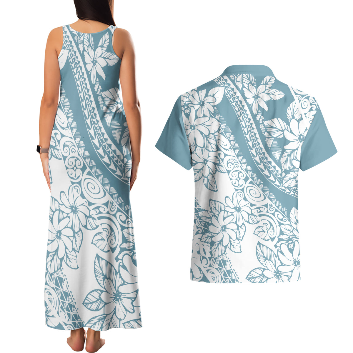 Polynesia Couples Matching Tank Maxi Dress and Hawaiian Shirt Polynesian Tropical Flowers Blue Pastel Vibes LT14 - Polynesian Pride