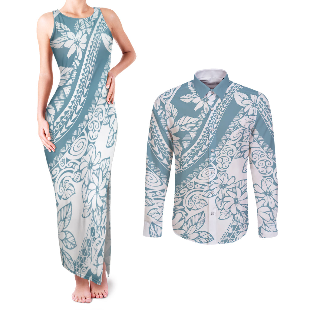 Polynesia Couples Matching Tank Maxi Dress and Long Sleeve Button Shirts Polynesian Tropical Flowers Blue Pastel Vibes LT14 Blue - Polynesian Pride