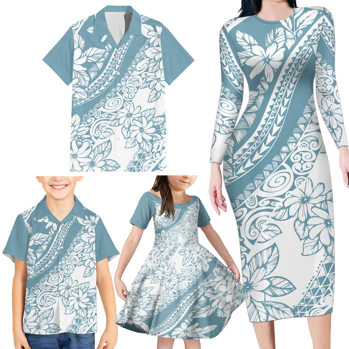 polynesia-family-matching-long-sleeve-bodycon-dress-and-hawaiian-shirt-polynesian-tropical-flowers-blue-pastel-vibes